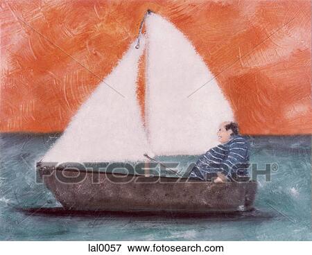 An illustration of a man in a small sail boat View Large Illustration Stock Illustration - An illustration of a man in a small sail boat. Fotosearch