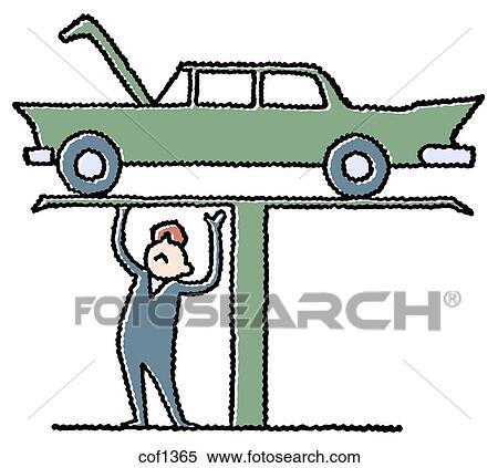 Stock Illustration - An illustration of a mechanic working on a car. Fotosearch