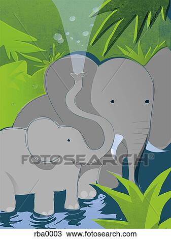 Drawing - An illustration of a mother and infant elephant bathing. Fotosearch