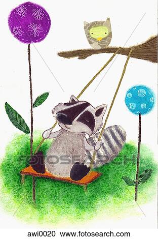 An illustration of a small animal playing on a tree swing View Large Illustration Clipart - An illustration of a small animal playing on a tree swing. Fotosearch