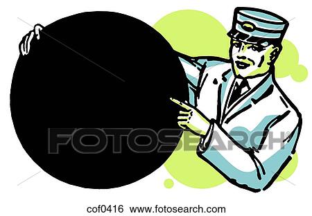 Stock Illustration - An illustration of a train conductor holding a round sign. Fotosearch