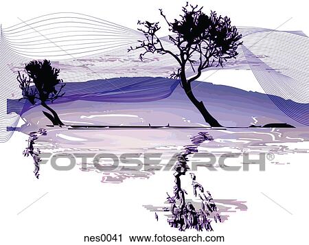 An illustration of a tree being reflected in a expanse of water in a variety of shades of purple View Large Illustration Clip Art - An illustration of a tree being reflected in a expanse of water in a variety of shades of purple. Fotosearch