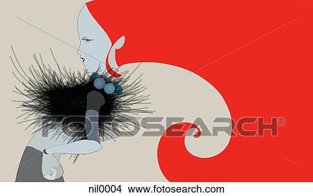 Stock Illustration - An illustration of a woman dressed in a contemporary black top with sweeping red hair that fills the canvas. Fotosearch