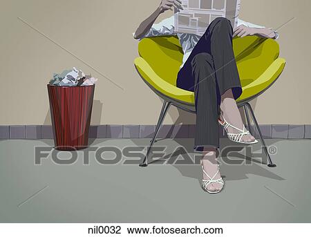 An illustration of a woman sitting in a chair reading a paper and has been drawn from a low perspective View Large Illustration Drawing - An illustration of a woman sitting in a chair reading a paper and has been drawn from a low perspective. Fotosearch