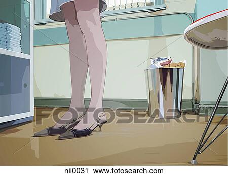 An illustration of a womans feet and lower legs standing in an office environment drawn from a low angle View Large Illustration Clip Art - An illustration of a womans feet and lower legs standing in an office environment drawn from a low angle. Fotosearch