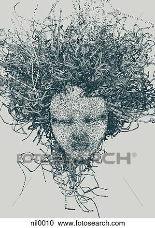 Clipart - An illustration of a womans head made up of a collection of grey dots. Fotosearch