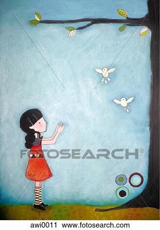 Clip Art - An illustration of a young girl and two small white birds. Fotosearch