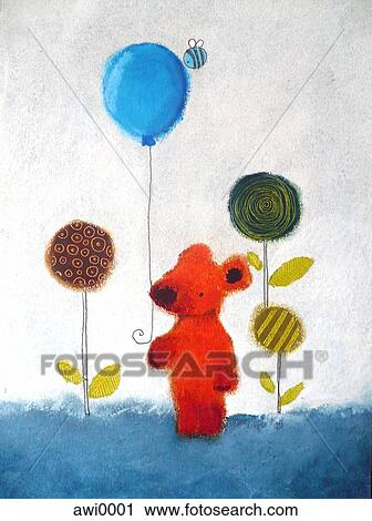 An illustration of a young red bear holding a blue balloon surrounded by beautiful flowers View Large Illustration Clip Art - An illustration of a young red bear holding a blue balloon surrounded by beautiful flowers. Fotosearch