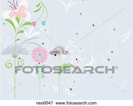 Stock Illustration - An illustration of an array of flowers and a butterfly with a dotted blue and white background. Fotosearch