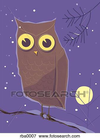 Stock Illustration - An illustration of an owl perched on a tree branch at night. Fotosearch