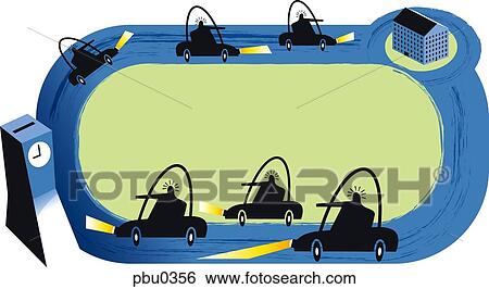 Stock Illustration - An illustration of cars driving around an oval track. Fotosearch