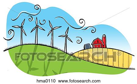 An illustration of numerous wind turbines and a farm house View Large Illustration Clipart - An illustration of numerous wind turbines and a farm house. Fotosearch