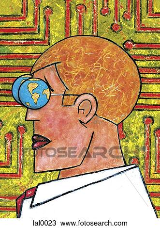 Drawing - An illustration of the profile of a male figure who id wearing glasses with world globes for lenses. Fotosearch