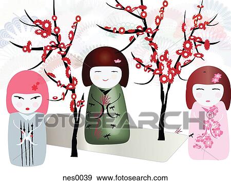 An illustration of three Japanese style dolls with an array of different flowers in the background View Large Illustration Stock Illustration - An illustration of three Japanese style dolls with an array of different flowers in the background. Fotosearch
