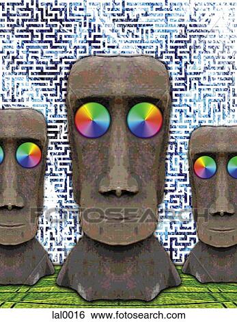 Stock Illustration - An illustration of three tiki figures with color wheels in place of eyes. Fotosearch