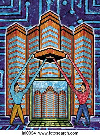 An illustration of tow figures holding building blocks in front of a laptop computer and a tall building View Large Illustration Stock Illustration - An illustration of tow figures holding building blocks in front of a laptop computer and a tall building. Fotosearch