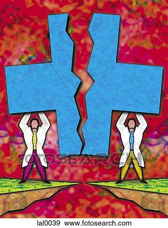 An illustration of two figures dressed in lab coats breaking a large blue cross in half View Large Illustration Stock Illustration - An illustration of two figures dressed in lab coats breaking a large blue cross in half. Fotosearch