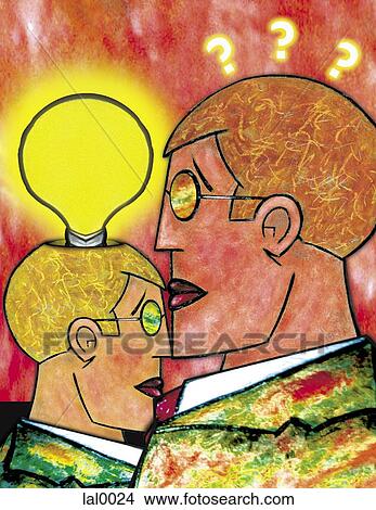 An illustration of two figures - one with a light globe illuminated above his head View Large Illustration Stock Illustration - An illustration of two figures - one with a light globe illuminated above his head. Fotosearch