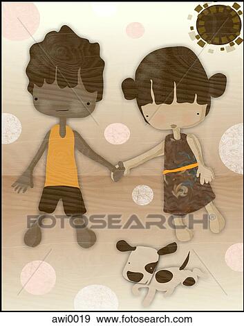 An illustration of two friends and a small spotted dog View Large Illustration Stock Illustration - An illustration of two friends and a small spotted dog. Fotosearch