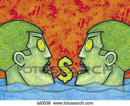 Stock Illustration - An illustration of two green people in water with a dollar sign between them. Fotosearch
