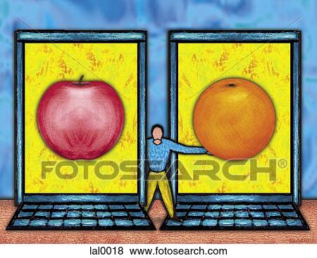 An illustration of two laptop computers with an apple and an orange on the screens and a small figure View Large Illustration Stock Illustration - An illustration of two laptop computers with an apple and an orange on the screens and a small figure. Fotosearch