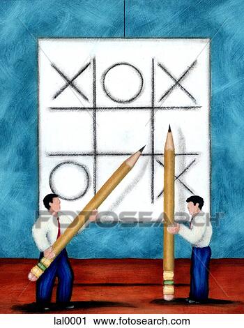 Clip Art - An illustration of two men playing naughts and crosses with an over sized pad and pencils. Fotosearch