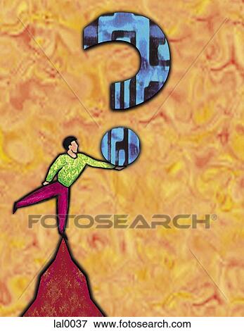 Stock Illustration - An image of a figure standing on top of a mountain peak balancing a large question mark symbol. Fotosearch