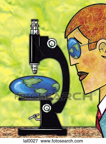 An image of a male figure looking at a small world globe under a microscope View Large Illustration Stock Illustration - An image of a male figure looking at a small world globe under a microscope. Fotosearch
