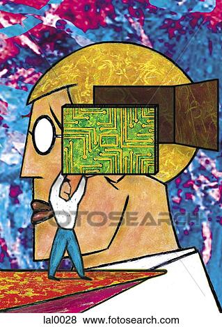 An image of a small figure putting an electrical or computer chip into a males head View Large Illustration Stock Illustration - An image of a small figure putting an electrical or computer chip into a males head. Fotosearch