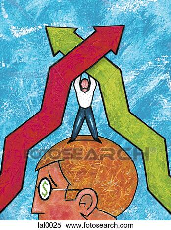 An image of a small figure standing on a mans head holding two graph arrows View Large Illustration Stock Illustration - An image of a small figure standing on a mans head holding two graph arrows. Fotosearch