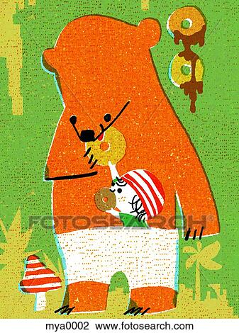 Drawing - Bear and boy sharing doughnut. Fotosearch