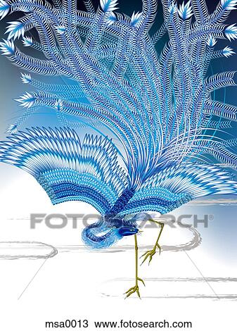 Blue bird with tail spread View Large Illustration Drawing - Blue bird with tail spread. Fotosearch