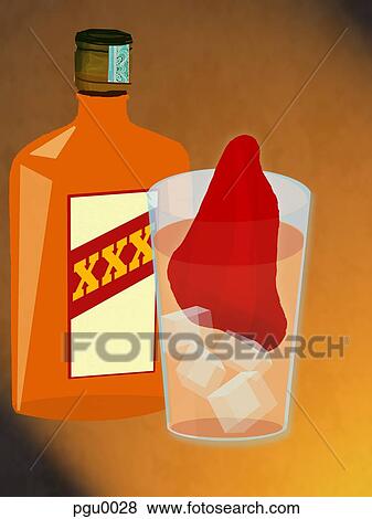 Stock Illustration - Bottle of alcohol with liver in glass. Fotosearch