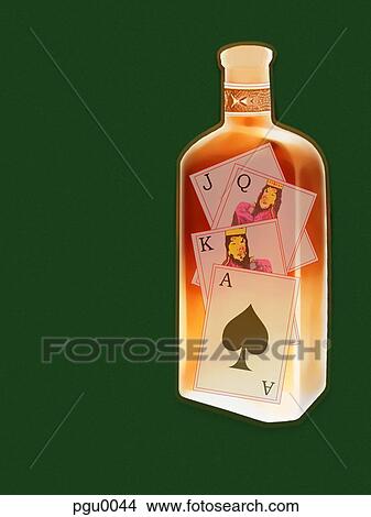 Stock Illustration - Bottle of alcohol with playing cards inside. Fotosearch