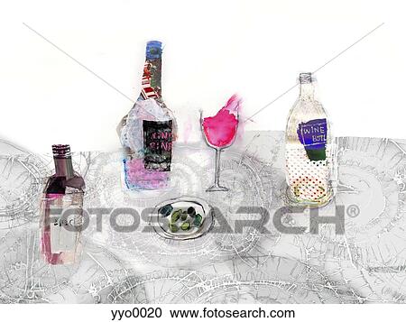Clipart - Bottles and wine glass on table. Fotosearch