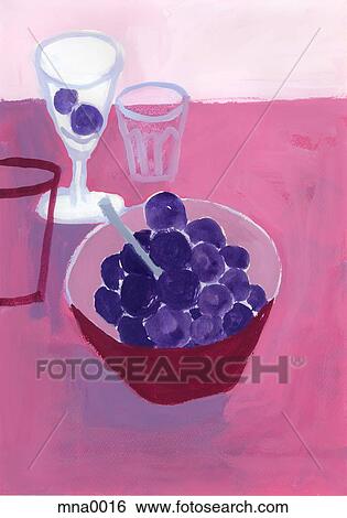 Stock Illustration - Bowl of berry fruit with glasses in background. Fotosearch