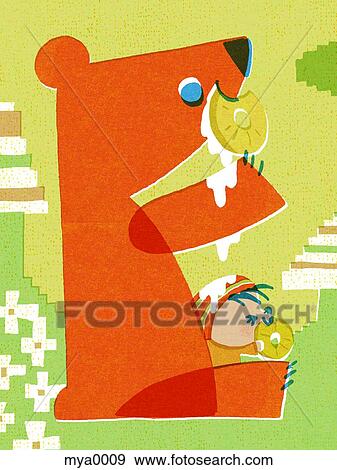 Stock Illustration - Boy eating doughnut with bear. Fotosearch