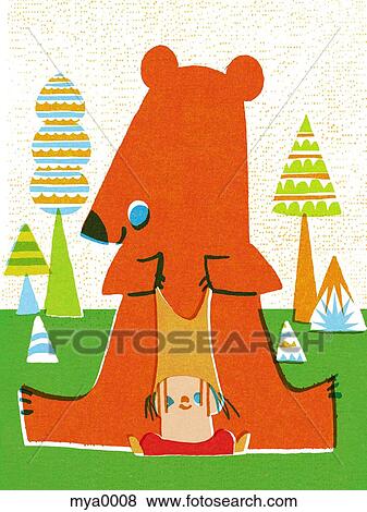 Stock Illustration - Boy playing with bear. Fotosearch