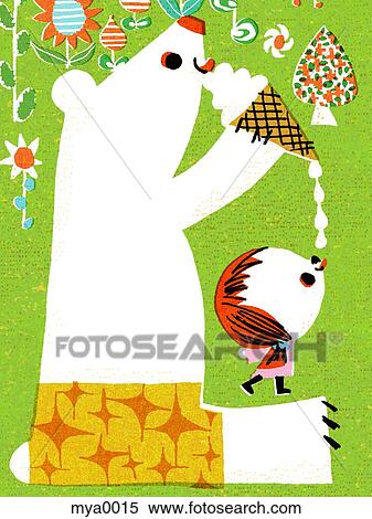 Stock Illustration - Boy sharing ice-cream with bear. Fotosearch
