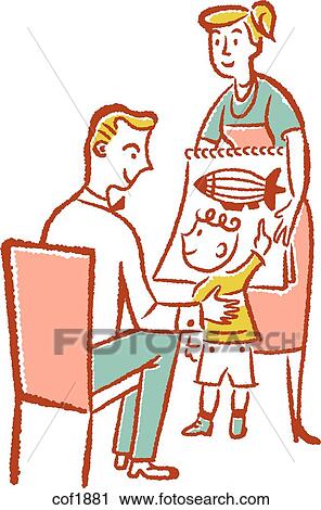 Clip Art - Boy showing drawing to father while mother looks on. Fotosearch