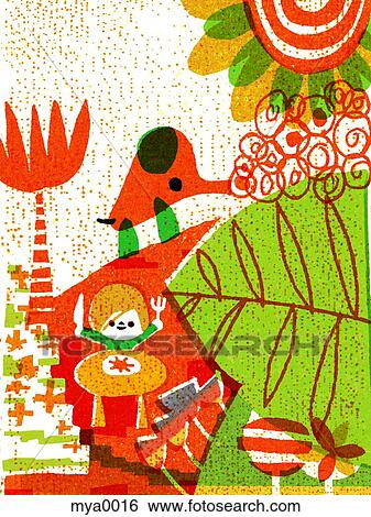 Stock Illustration - Boy sitting with spoon and fork outdoors in colourful surroundings. Fotosearch
