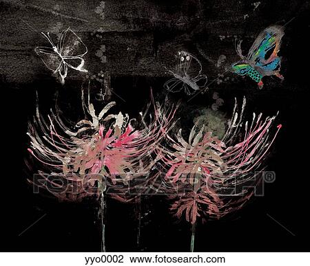 Drawing - Butterflies over flower. Fotosearch
