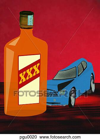Clipart - Car crashed into bottle of alcohol. Fotosearch