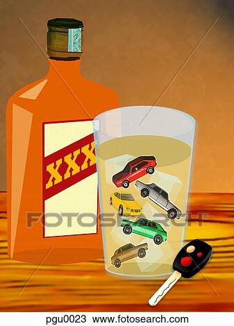 Drawing - Cars inside glass of alcohol with bottle and car key. Fotosearch