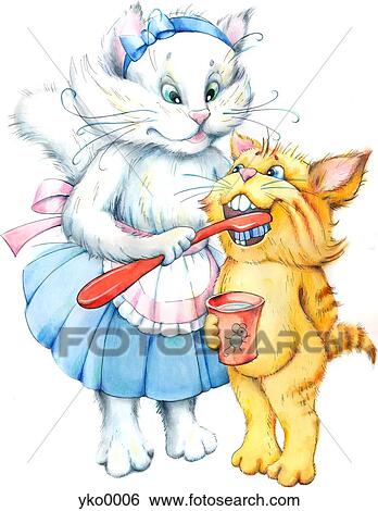 Cat helping her kitten brush teeth View Large Illustration Stock Illustration - Cat helping her kitten brush teeth. Fotosearch