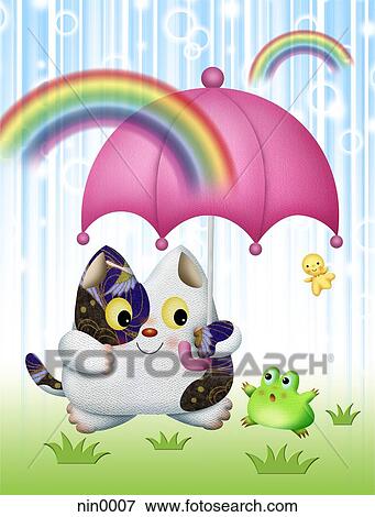 Cat holding umbrella View Large Illustration Stock Illustration - Cat holding umbrella. Fotosearch