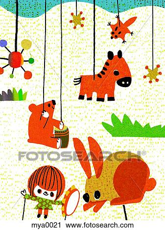 Clip Art - Child playing with animals. Fotosearch
