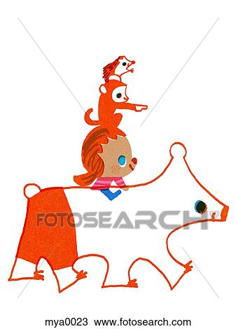 Child riding on bear View Large Illustration Drawing - Child riding on bear. Fotosearch