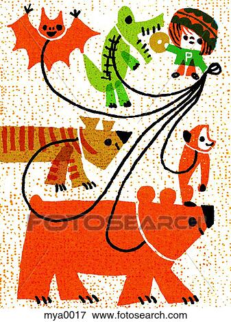 Stock Illustration - Child taking different animals for walk. Fotosearch