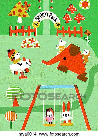 Stock Illustration - Children and animals in playground. Fotosearch